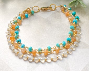 Moonstone bead bracelet, turquoise & gold jewelry, 3 strand bracelet, wire wrapped jewelry, 14k gold jewelry, gemstone bead wrist stack