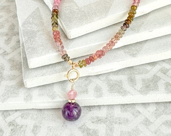 Watermelon tourmaline necklace, amethyst charm necklace, mothers day jewelry gift, delicate stone jewelry, candy charm necklace, gold charm