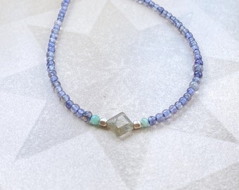 Iolite and labradorite necklace, gemstone bead choker, gifts under 75 dollars, choker lovers gift, tweens gift, silver beaded necklace gift