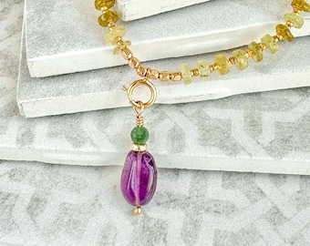 Grossular garnet charm necklace, amethyst charm, customizable gold charm jewelry, gemstone charm necklace, spring green gemstone jewelry