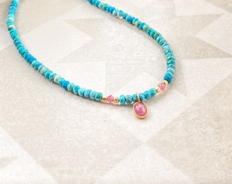 Turquoise stone necklace, pink tourmaline pendant, gemstone bead jewelry, handmade jewelry, sundance style jewelry, 14k gold necklace