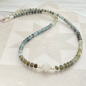 Moss Aquamarine & Moonstone Beaded Necklace: Sterling Silver Accent