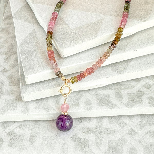 Watermelon tourmaline necklace, amethyst charm necklace, mothers day jewelry gift, delicate stone jewelry, candy charm necklace, gold charm