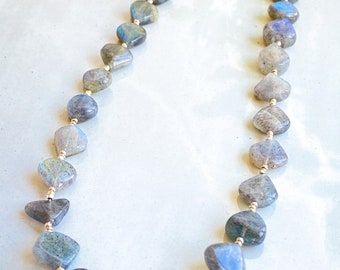 Labradorite necklace, gray gemstone jewelry, heart bead necklace, neck stack, natural stone jewelry, long gemstone bead necklace, handmade