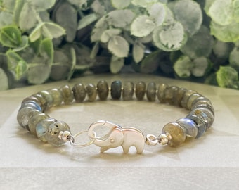 Labradorite & silver elephant bracelet, gemstone candy bead bracelet, elephant clasp jewelry, sterling animal jewelry, gray gemstone jewelry