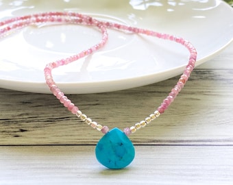 Pink tourmaline necklace, turquoise pendant, tiny pink gemstone jewelry, october tourmaline birthstone gift, minimalist handmade jewelry