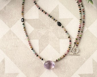 Watermelon tourmaline & ametrine pendant, long beaded necklace for her, gemstone jewelry gift, boho neck stack, healing stone necklace