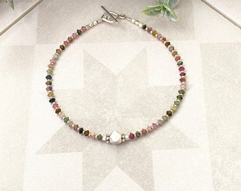 Watermelon tourmaline bracelet, delicate natural stone bracelet, tiny beaded jewelry, gemstone bracelet gift for her, dainty stack bracelet