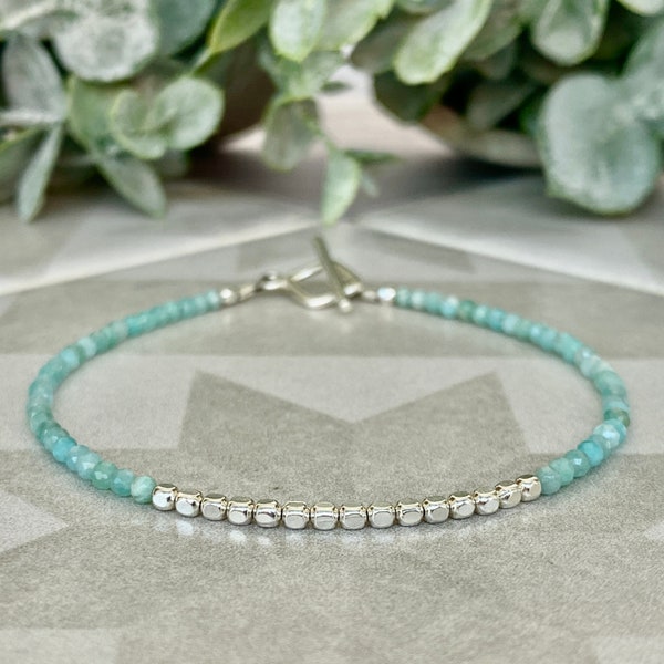 Amazonite & silver bead bracelet, delicate blue gemstone jewelry, minimalist bracelet, gifts under 40 dollars, gifts for bracelet lovers