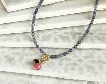 Custom charm necklace, design your own gemstone necklace, personalized bead necklace, dainty iolite necklace, gemstone pendant, neck stack