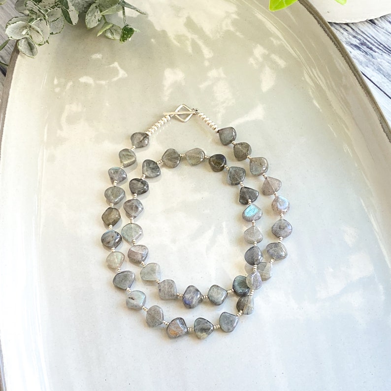 Labradorite necklace, gray gemstone jewelry, heart bead necklace, neck stack, natural stone jewelry, long gemstone bead necklace, handmade image 4