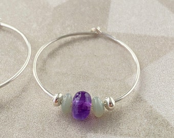 Silver hoop earring, amazonite bead earring, lightweight earring hoop, gifts under 40 dollars, gifts for earring lovers, purple bead earring