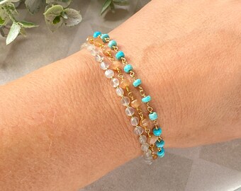 Moonstone bead bracelet, turquoise & gold jewelry, 3 strand bracelet, wire wrapped jewelry, 14k gold jewelry, gemstone bead wrist stack