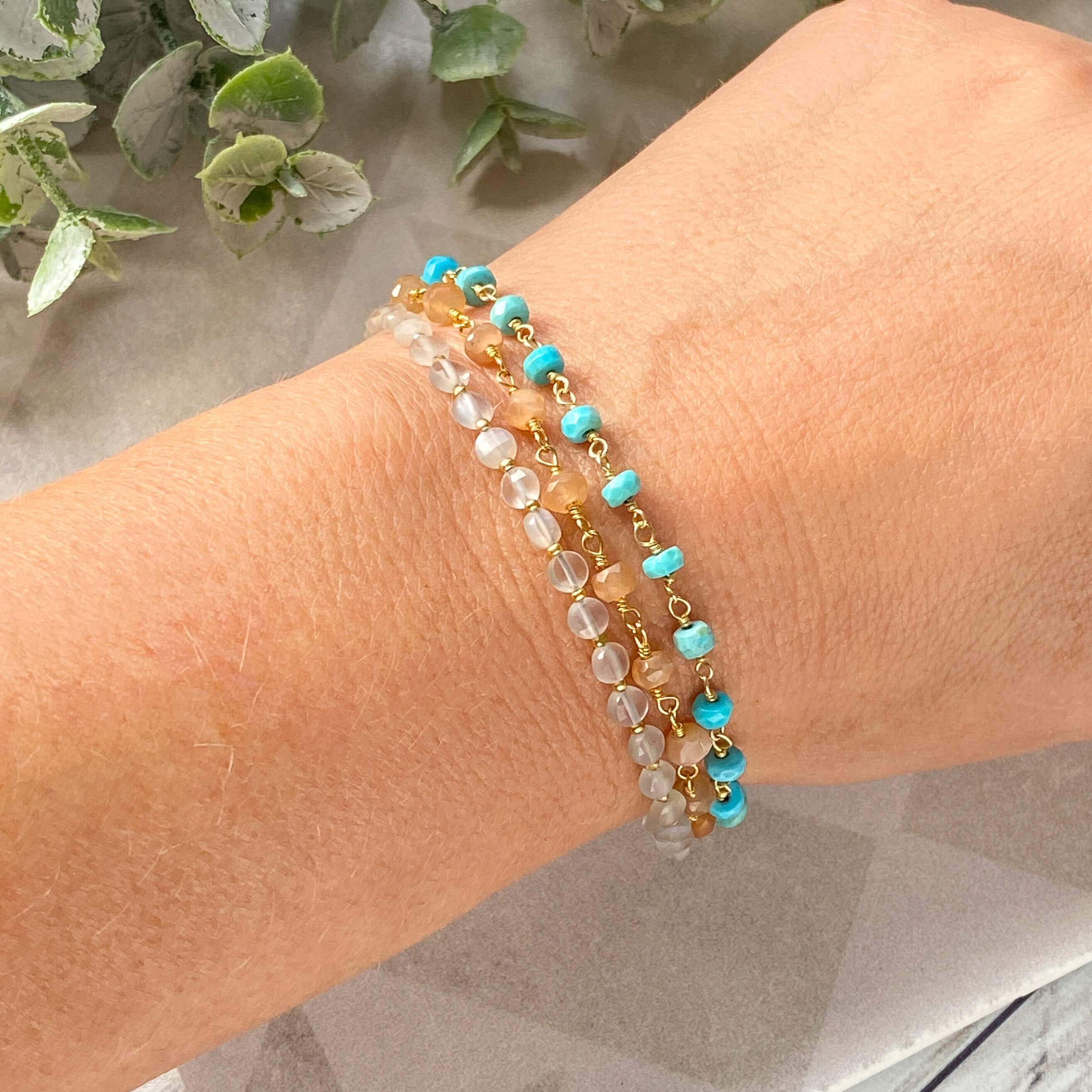 Moonstone Bead Bracelet, Turquoise & Gold Jewelry, 3 Strand Bracelet