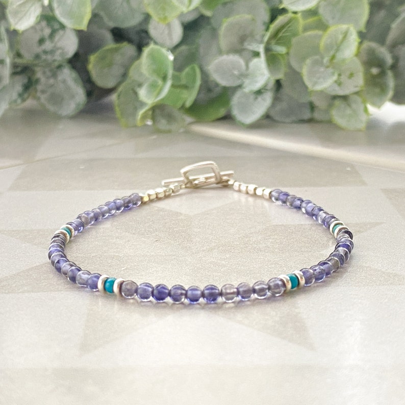 Iolite & turquoise bar bracelet, minimalist bead jewelry gift, sterling silver bracelet, 2mm gemstone bracelet, tiny blue stone wrist stack image 1