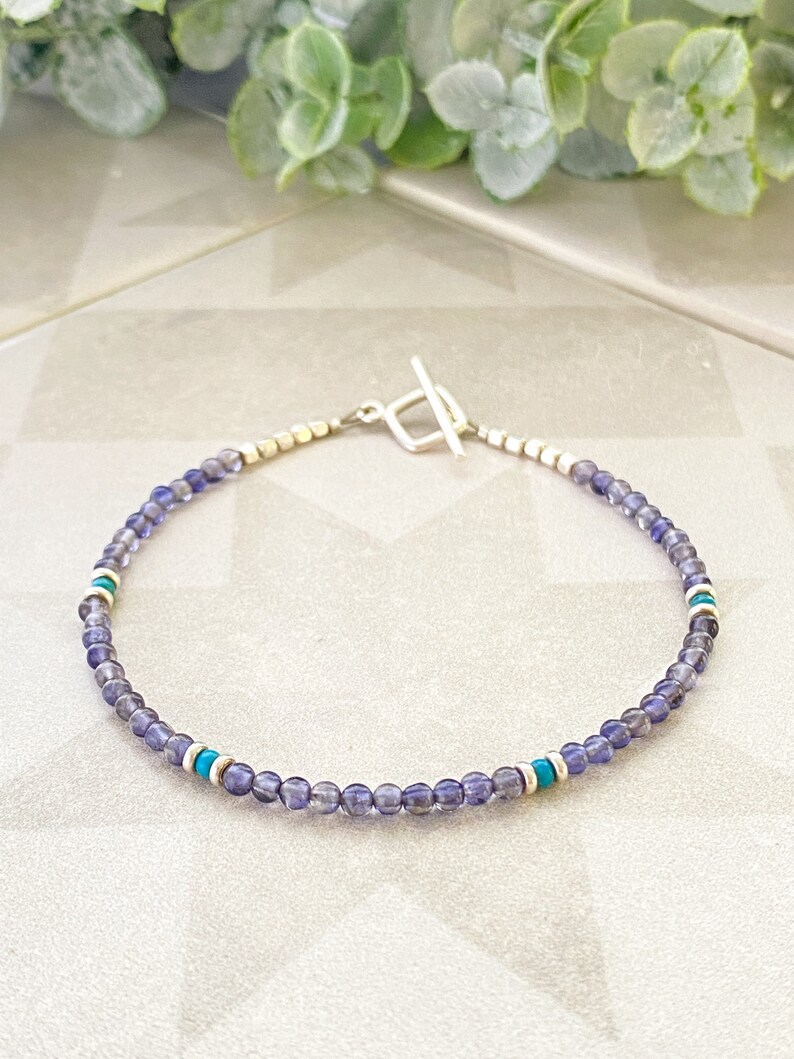 Iolite & turquoise bar bracelet, minimalist bead jewelry gift, sterling silver bracelet, 2mm gemstone bracelet, tiny blue stone wrist stack image 5