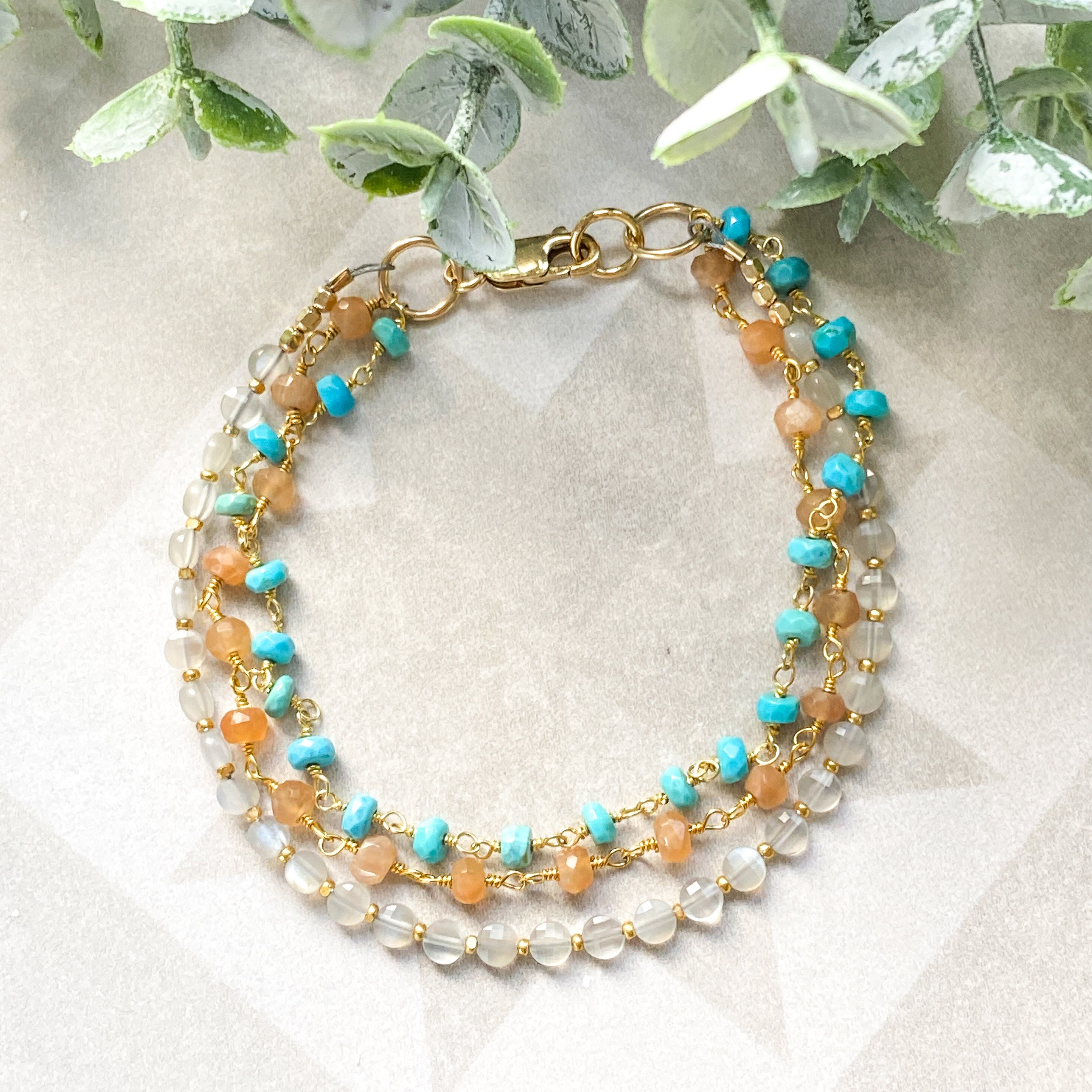 Moonstone Bead Bracelet, Turquoise & Gold Jewelry, 3 Strand Bracelet