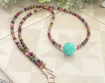 Watermelon tourmaline necklace, long bead necklace, pink gemstone jewelry, amazonite pendant, layering necklace, faceted gemstone pendant