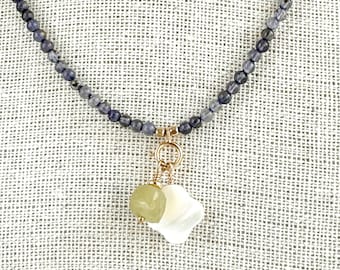 Iolite charm necklace, gold charm necklace, gemstone pendant necklace, delicate stone jewelry, quatrefoil necklace, moss aquamarine pendant