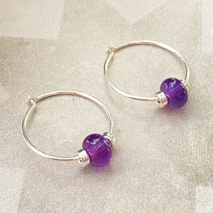 Amethyst Bead Sterling Silver Hoop Earrings: Dainty Gemstone Jewelry
