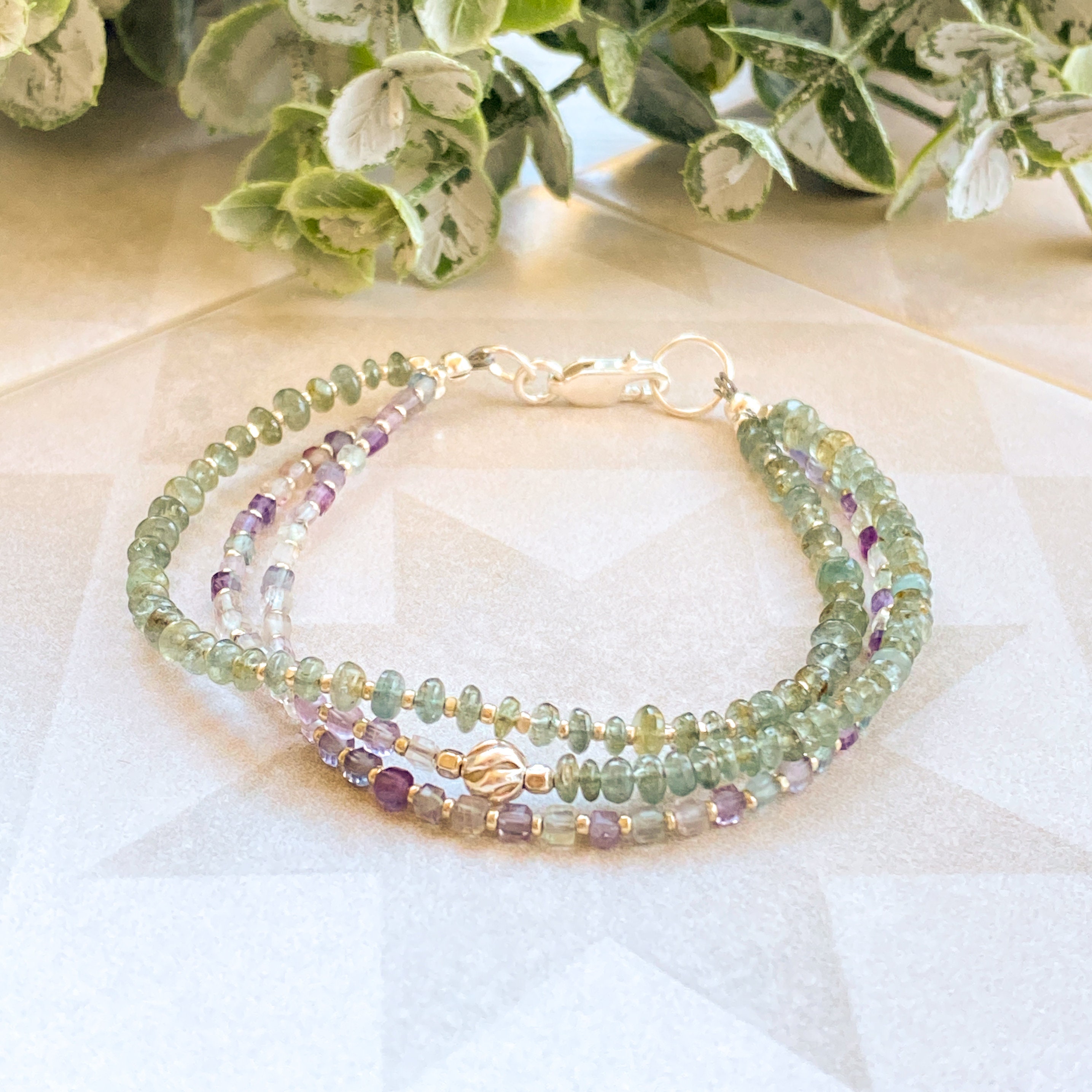 Fluorite & indicolite bracelet, 3 strand bracelet, gemstone bead stack, sterling silver jewelry, sundance jewelry, pastel bead bracelet