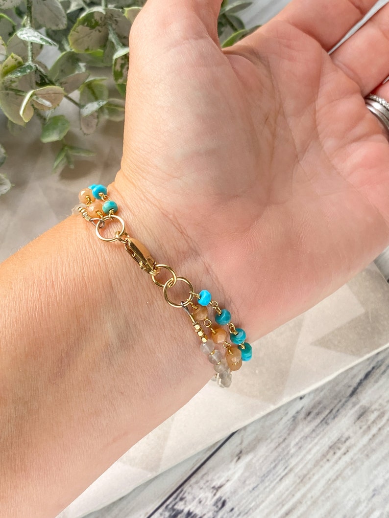 Moonstone Bead Bracelet, Turquoise & Gold Jewelry, 3 Strand Bracelet