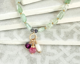 Indicolite charm necklace, customizable gold charm jewelry, pink and purple charm, blue green stone necklace, tourmaline gemstone jewelry