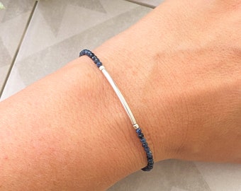 Sapphire & silver bar bracelet, minimalist gemstone bracelet, dainty wrist stack, September birthstone jewelry, beaded jewelry gift for her