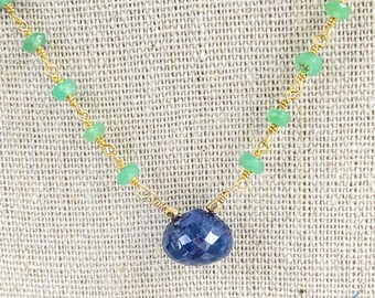 Boho jewelry with natural sapphire stones, semi precious necklace, long bead bohemia necklace, beaded necklace, gold wire wrap chain jewelry