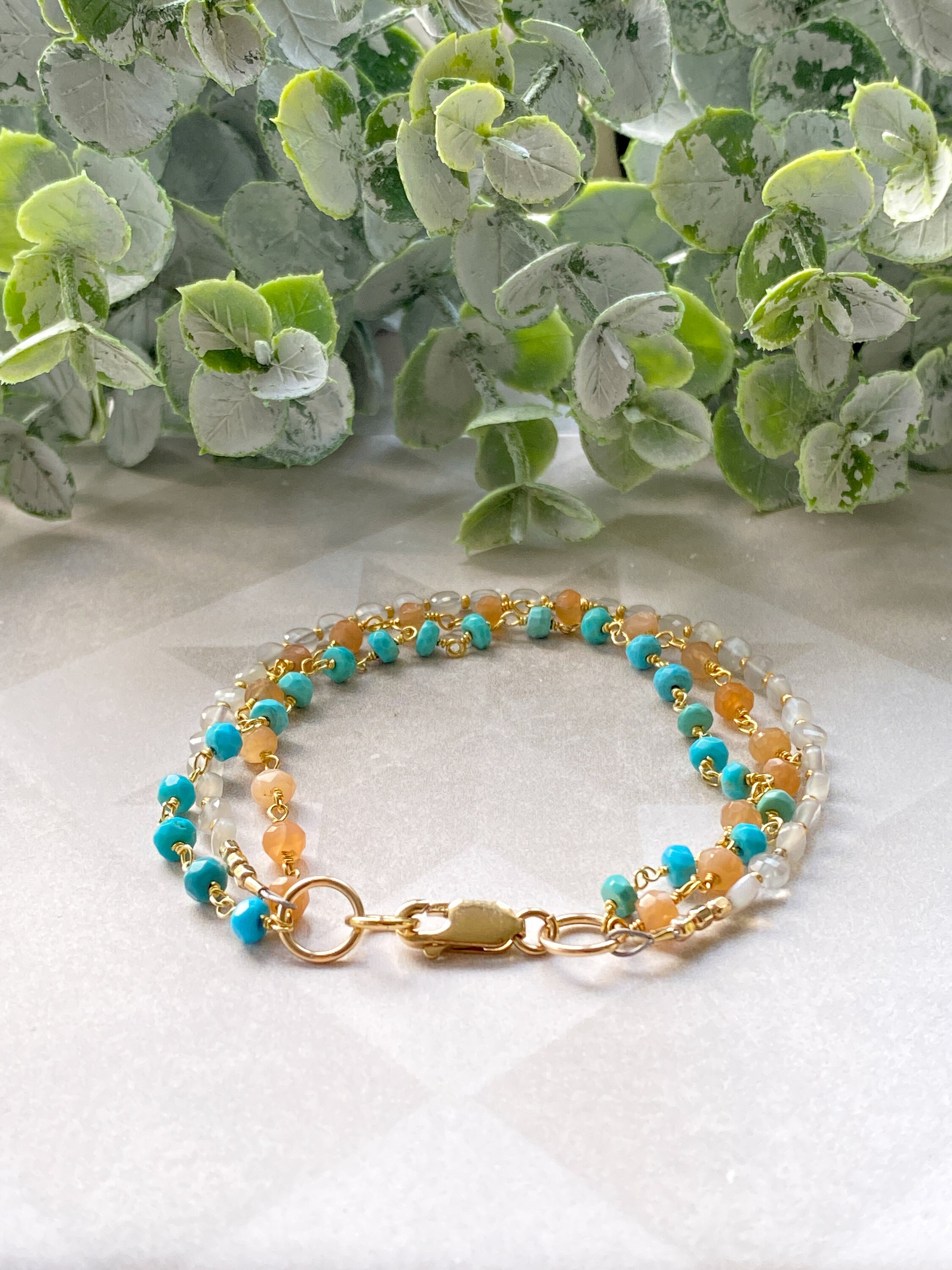 Moonstone Bead Bracelet, Turquoise & Gold Jewelry, 3 Strand Bracelet