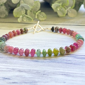 Ombre watermelon tourmaline bracelet, delicate natural stone bracelet, gemstone bracelet gift for her, dainty stack bracelet, candy bracelet