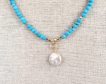 Turquoise and pearl charm necklace, coin pearl charm, gold charm necklace, summer jewelry, layering necklace, interchangeable charm necklace