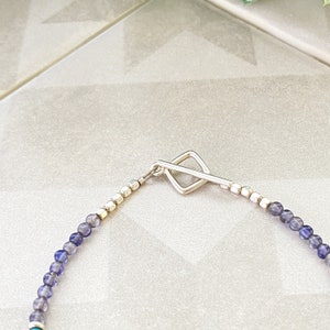 Iolite & turquoise bar bracelet, minimalist bead jewelry gift, sterling silver bracelet, 2mm gemstone bracelet, tiny blue stone wrist stack image 4