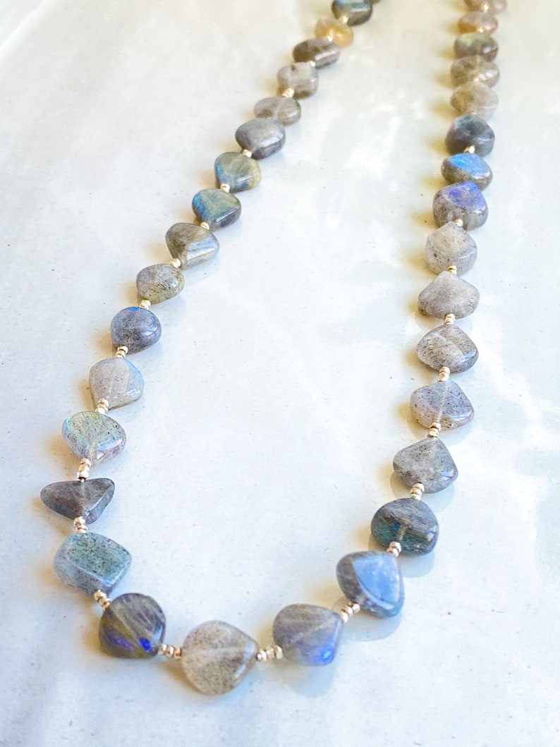 Labradorite necklace, gray gemstone jewelry, heart bead necklace, neck stack, natural stone jewelry, long gemstone bead necklace, handmade image 1