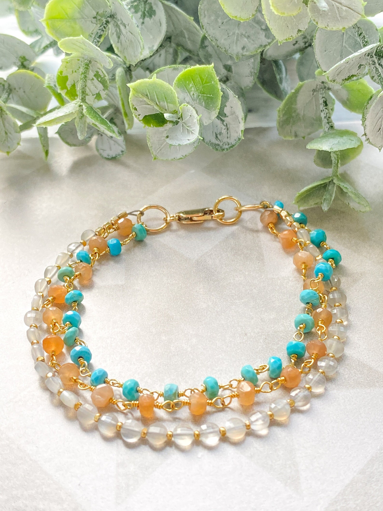 Moonstone Bead Bracelet, Turquoise & Gold Jewelry, 3 Strand Bracelet