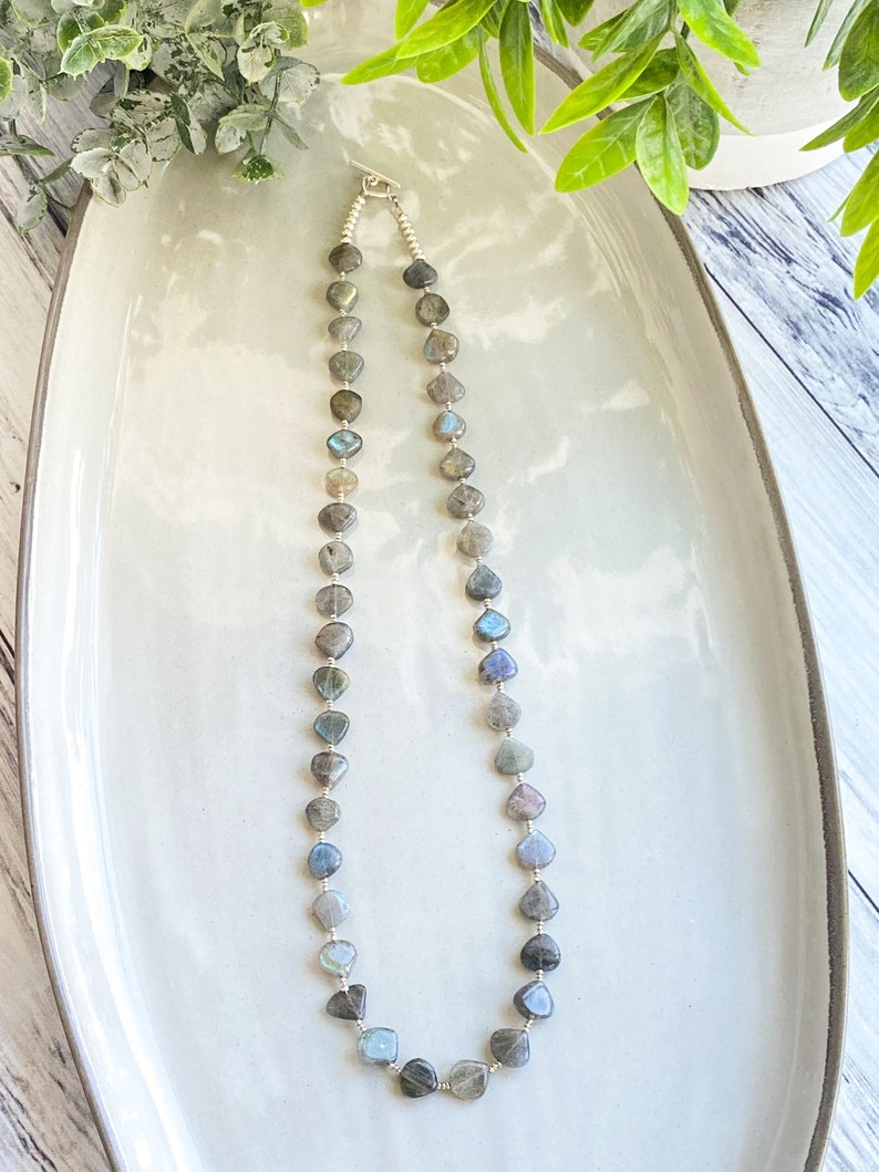 Labradorite necklace, gray gemstone jewelry, heart bead necklace, neck stack, natural stone jewelry, long gemstone bead necklace, handmade image 2