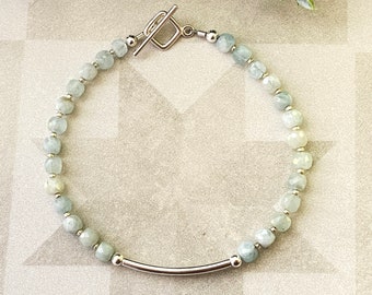 Aquamarine & silver bar bracelet, cube gemstone bracelet, march birthstone jewelry, bead jewelry gift for her, summer stacking bracelet