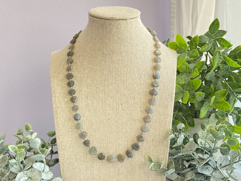 Labradorite necklace, gray gemstone jewelry, heart bead necklace, neck stack, natural stone jewelry, long gemstone bead necklace, handmade image 7