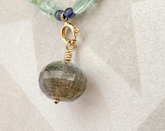Blue indicolite charm necklace, labradorite charm, gold charm necklace, gemstone charm necklace, mothers day jewelry gift, custom gold charm