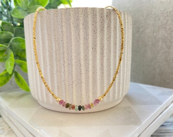 Watermelon tourmaline bead necklace, gold rainbow choker, delicate stacking necklace, handmade gemstone necklace, gemstone bead necklace