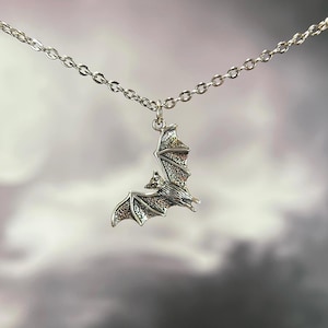 Flying Bat Halloween Necklace, Sterling Silver, 16&quot; Chain