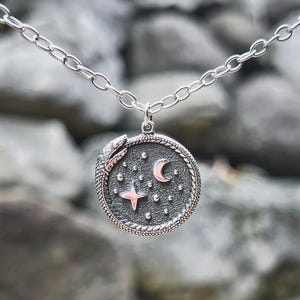 Ouroboros with Moon and Stars Snake Necklace, Sterling Silver, 16&quot; Chain