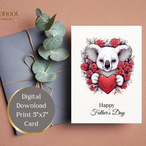 Carte pour la fête des pères avec un koala tenant un coeur, téléchargement immédiat, impression à 5 x 7 pouces, et des idées de messages à écrire à l'intérieur