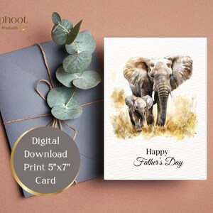 Carte pour la fête des pères, éléphant avec veau, téléchargement immédiat, impression jusqu'à 5 x 7 pouces, et des idées de messages à écrire à l'intérieur