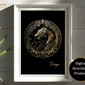Dragon Wall Art Print | Digital Download Print | Stylish Mythical Dragon Metallic Style