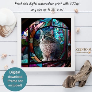 May include: A digital watercolor print of a blue and white cat looking out of a stained glass window. The window is made up of colorful geometric shapes. The print is available in sizes up to 20 inches by 20 inches.