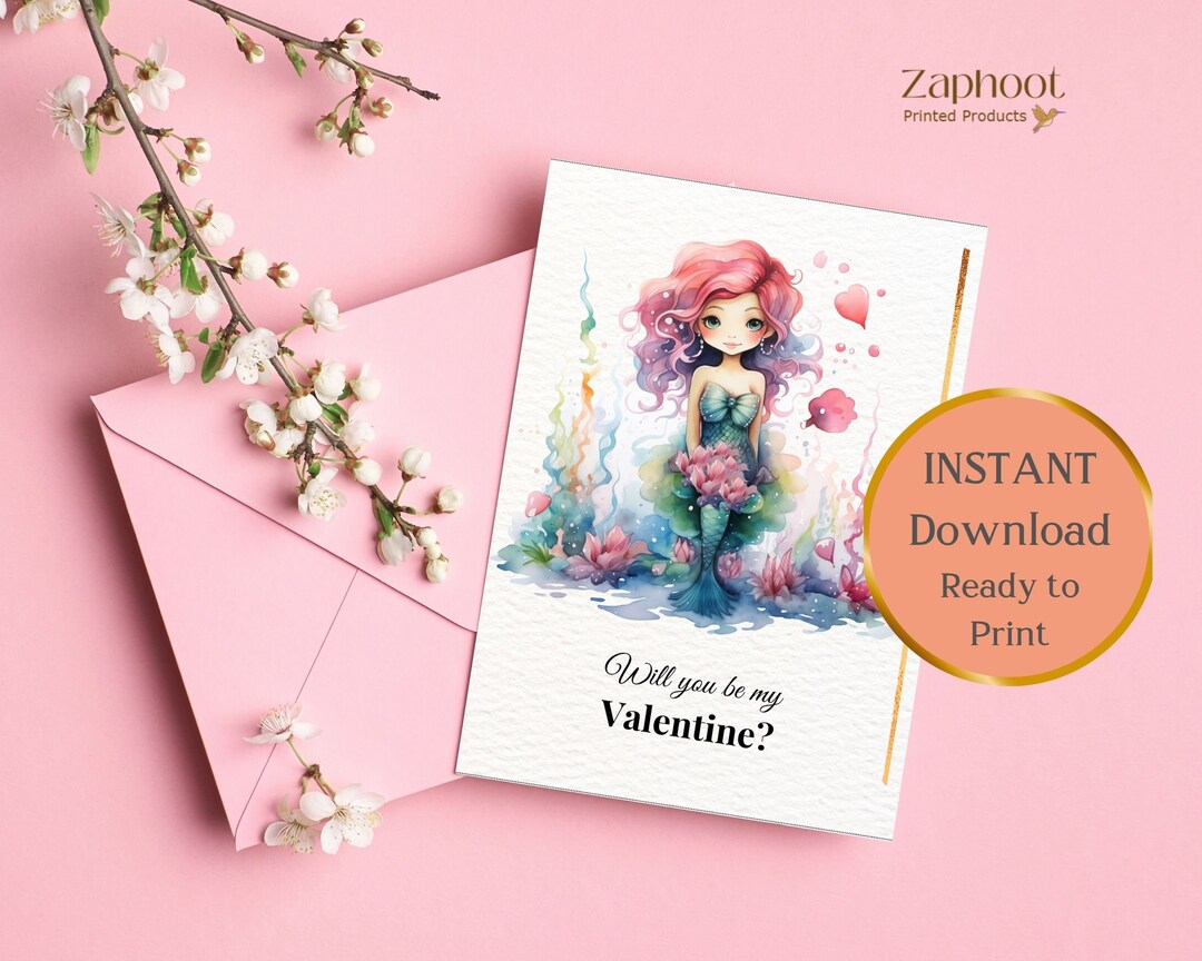 Printable Valentine’s Day Card, Mermaid Digital Download Card, Plus 50 ...