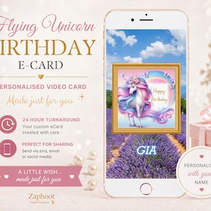 May include: A digital birthday e-card on a smartphone screen. The card features a unicorn illustration with a rainbow and the words "Happy Birthday." Text includes "Flying Unicorn Birthday E-Card" and "Personalised Video Card."