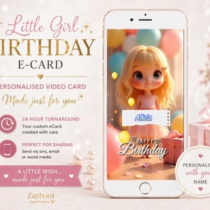 以下が含まれることがあります： スマートフォン上のデジタル誕生日eカード。カードには、金髪とピンクのドレスを着た漫画の女の子が描かれており、風船に囲まれています。「Little Girl Birthday E-Card」と「Happy Birthday」の文字が含まれています。カードは「Alicia」という名前でパーソナライズされています。
