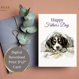 Carte pour la fête des pères, chiot noir et blanc avec oreilles tombantes, téléchargement immédiat, impression à 5 x 7 pouces, et idées de messages à écrire à l'intérieur